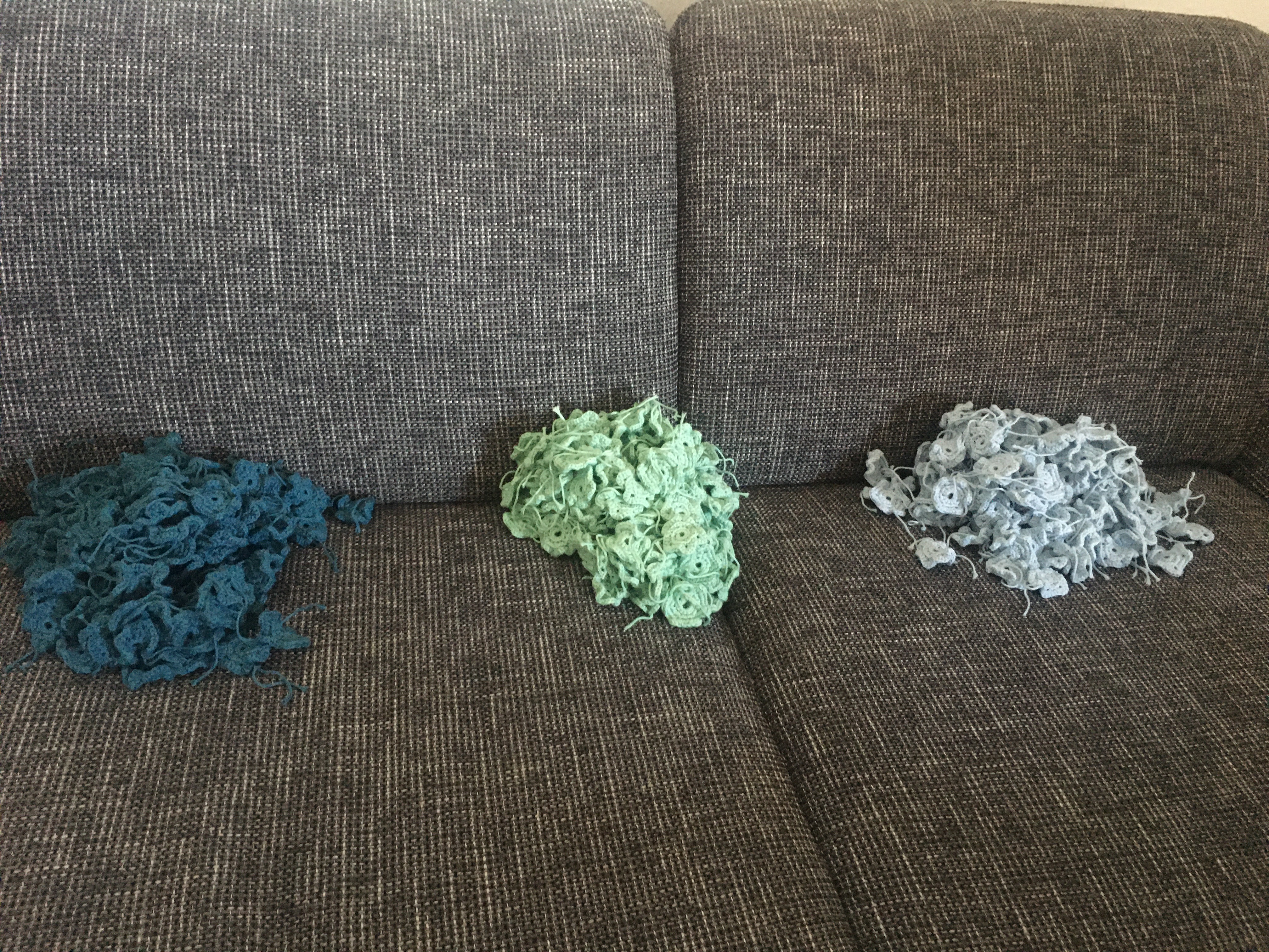 Pile of individual hexagons for blanket, technique: crochet