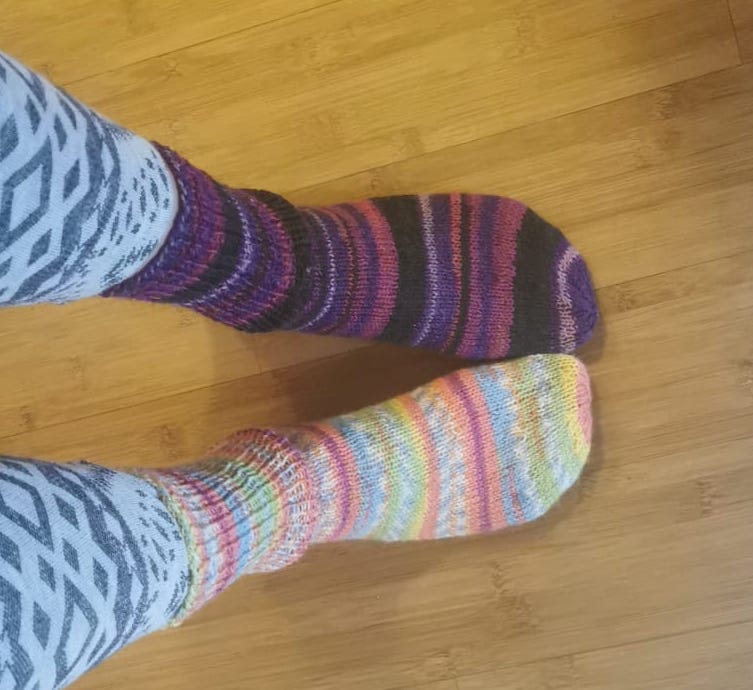 Knitted socks, two different kinds of wool